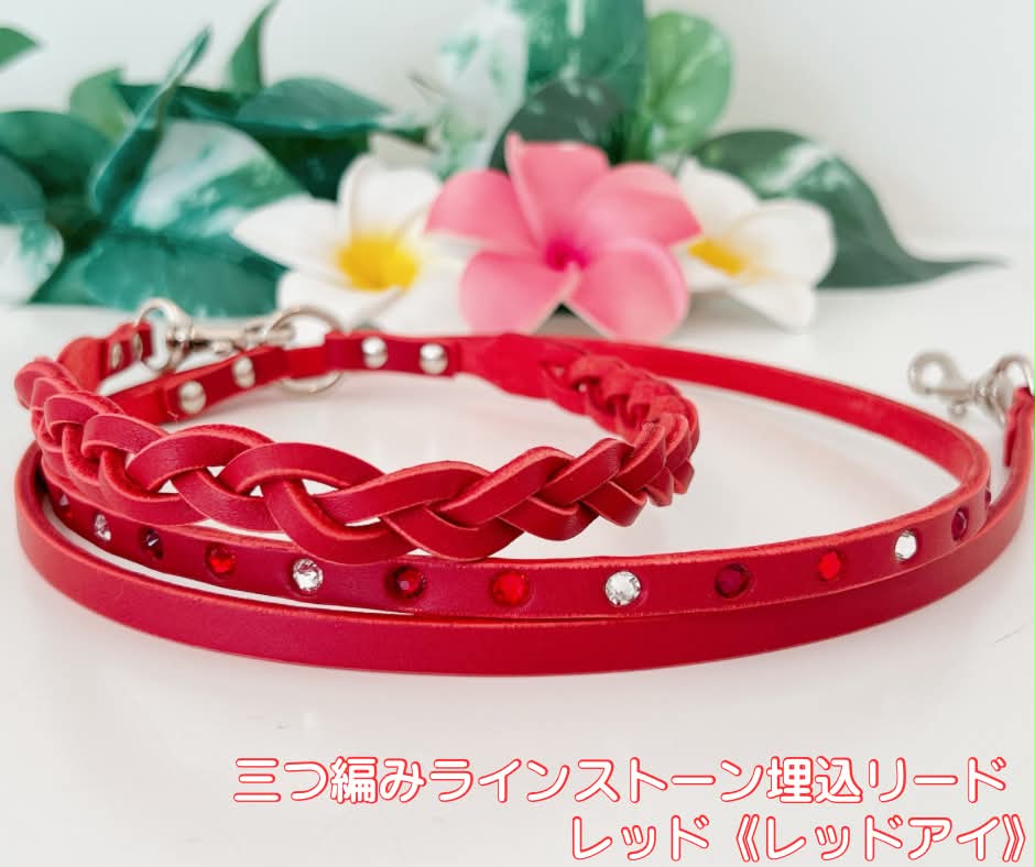 三つ編みラインストーン埋込リード　レッド　《レッドアイ》